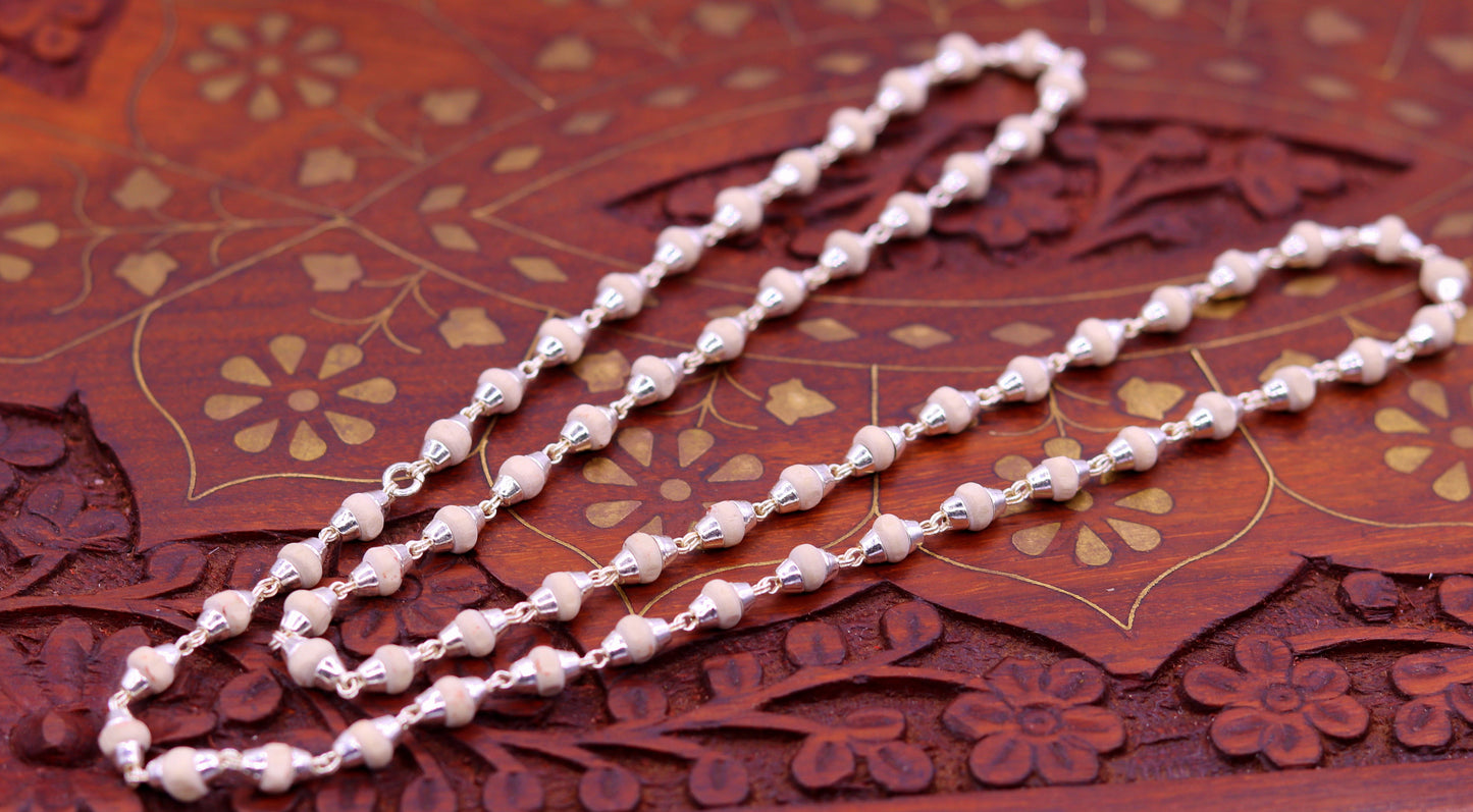 Sterling silver handmade Solid basil rosary plant wooden beads silver chain necklace tulsi mala use in Ayurveda meditation ch57 - TRIBAL ORNAMENTS