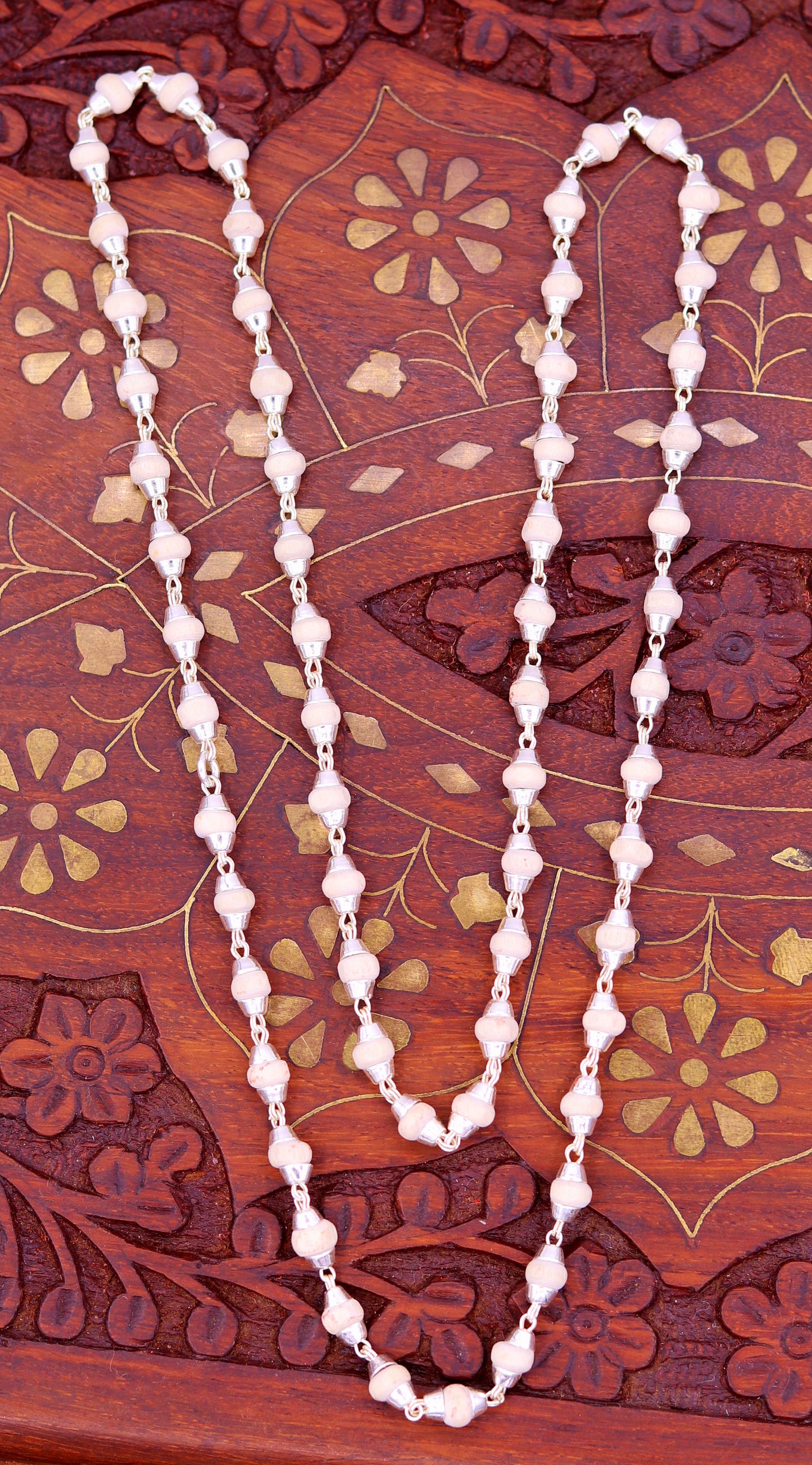 Sterling silver handmade Solid basil rosary plant wooden beads silver chain necklace tulsi mala use in Ayurveda meditation ch57 - TRIBAL ORNAMENTS