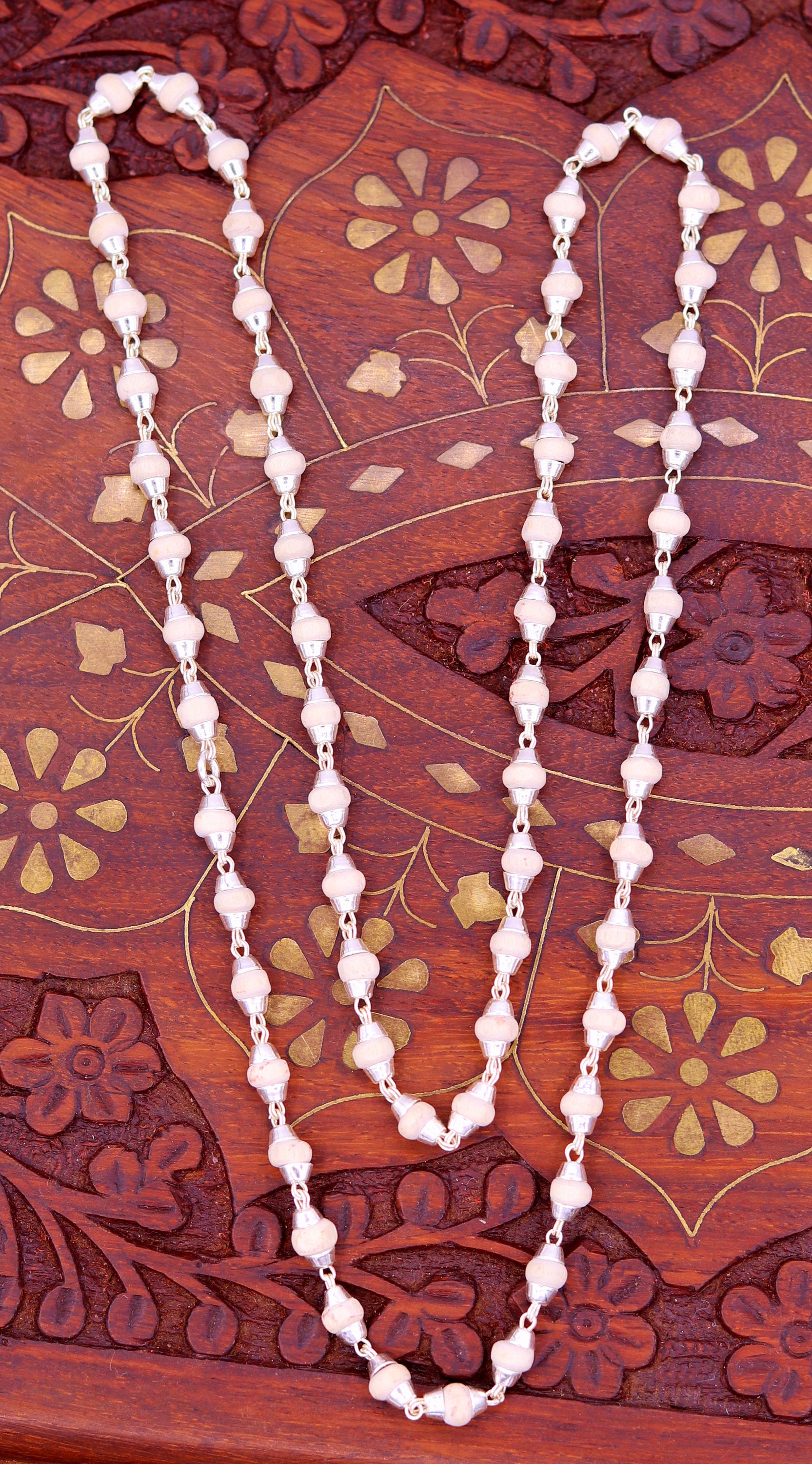 Sterling silver handmade Solid basil rosary plant wooden beads silver chain necklace tulsi mala use in Ayurveda meditation ch57 - TRIBAL ORNAMENTS