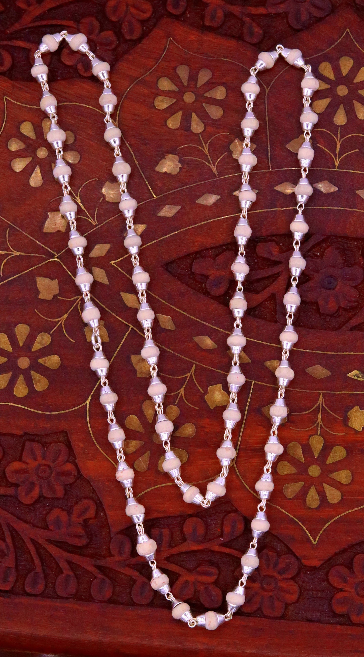 Sterling silver handmade Solid basil rosary plant wooden beads silver chain necklace tulsi mala use in Ayurveda meditation ch57 - TRIBAL ORNAMENTS