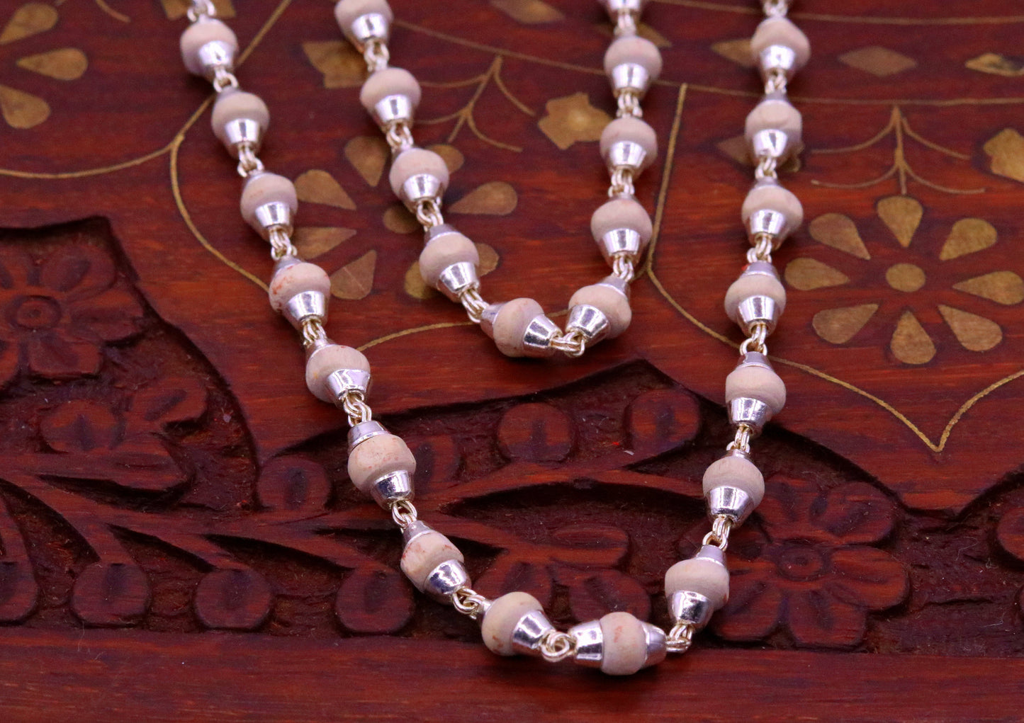 Sterling silver handmade Solid basil rosary plant wooden beads silver chain necklace tulsi mala use in Ayurveda meditation ch57 - TRIBAL ORNAMENTS