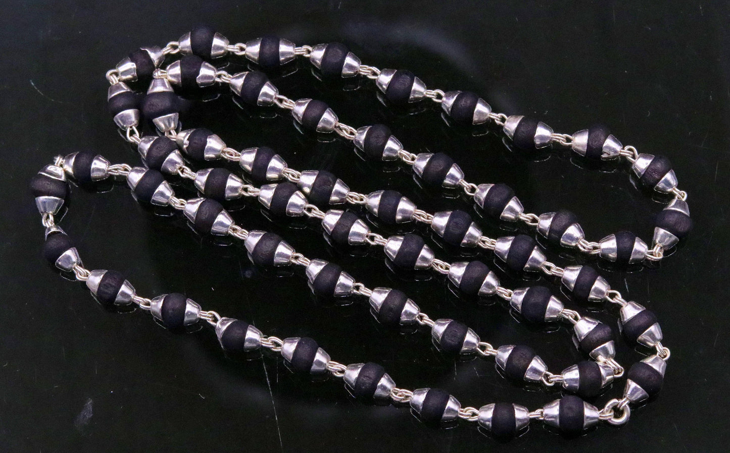 Sterling silver handmade Solid black basil rosary wooden beads silver chain necklace tulsi mala use in Ayurveda meditation ch56 - TRIBAL ORNAMENTS