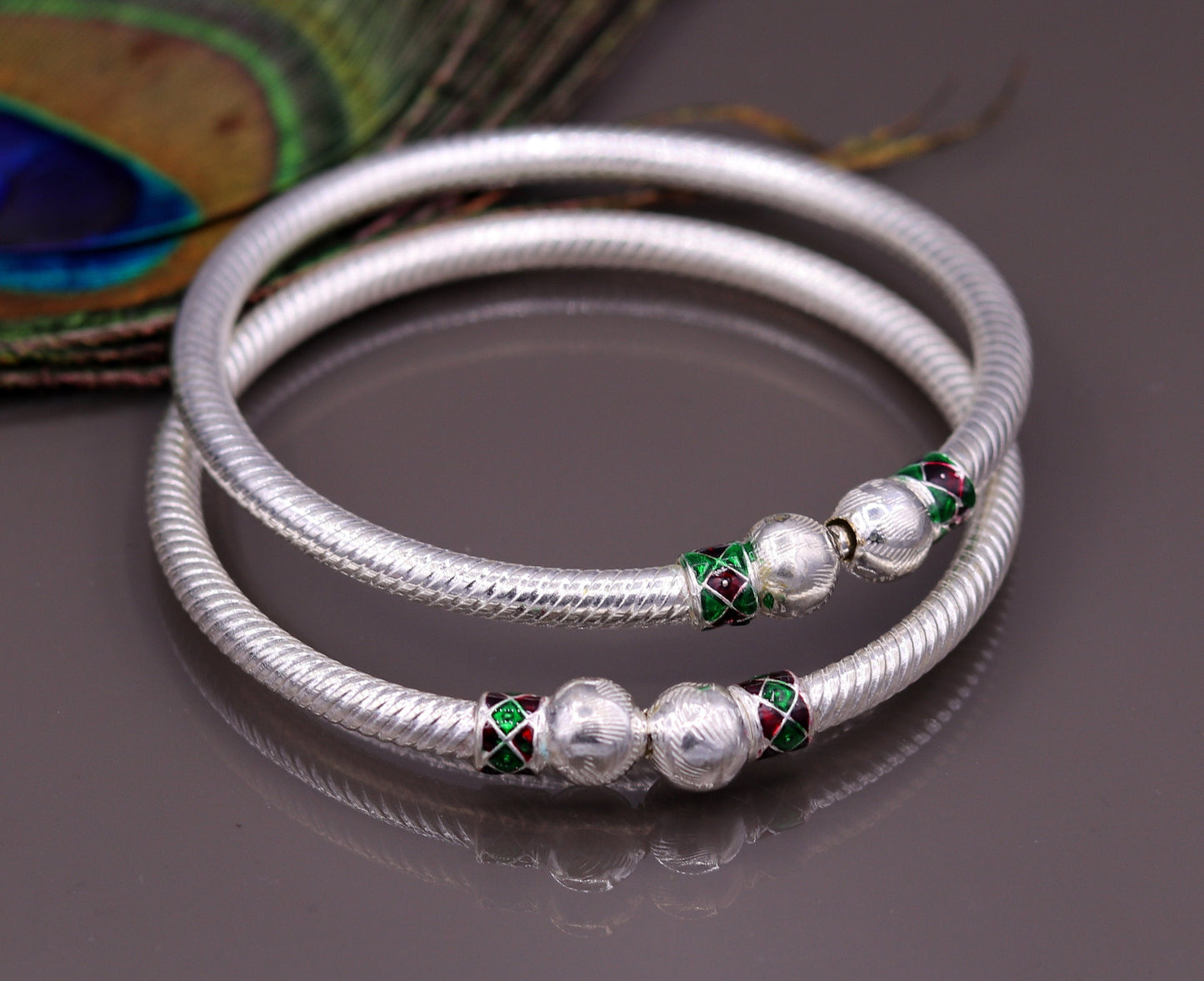 Sterling silver handmade vintage tribal bangle bracelet pair with antique design, traditional Rajasthan belly dance jewelry.