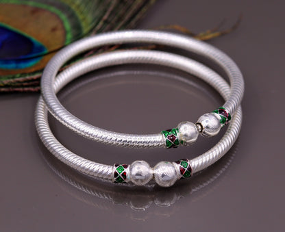 Sterling silver handmade vintage tribal bangle bracelet pair with antique design, traditional Rajasthan belly dance jewelry.