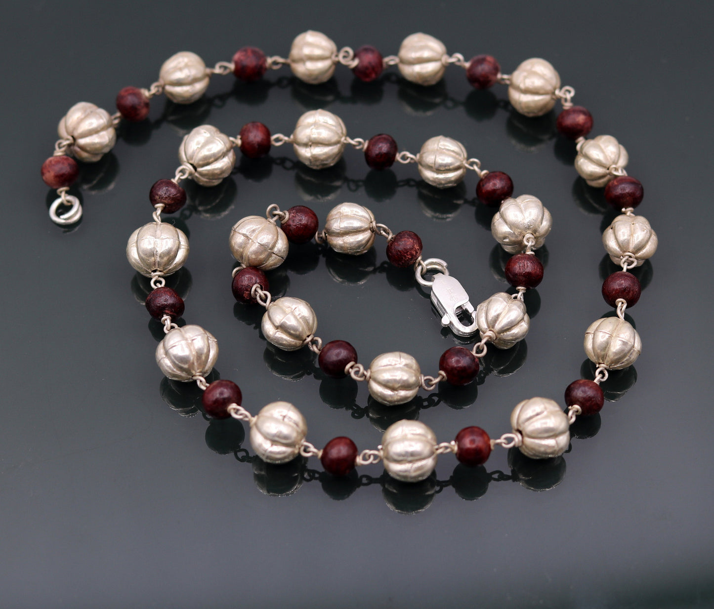 Sterling silver handmade vintage atique silver beads with sandal wood beads necklace chain tribal jewelry from rajathan india sch06 - TRIBAL ORNAMENTS