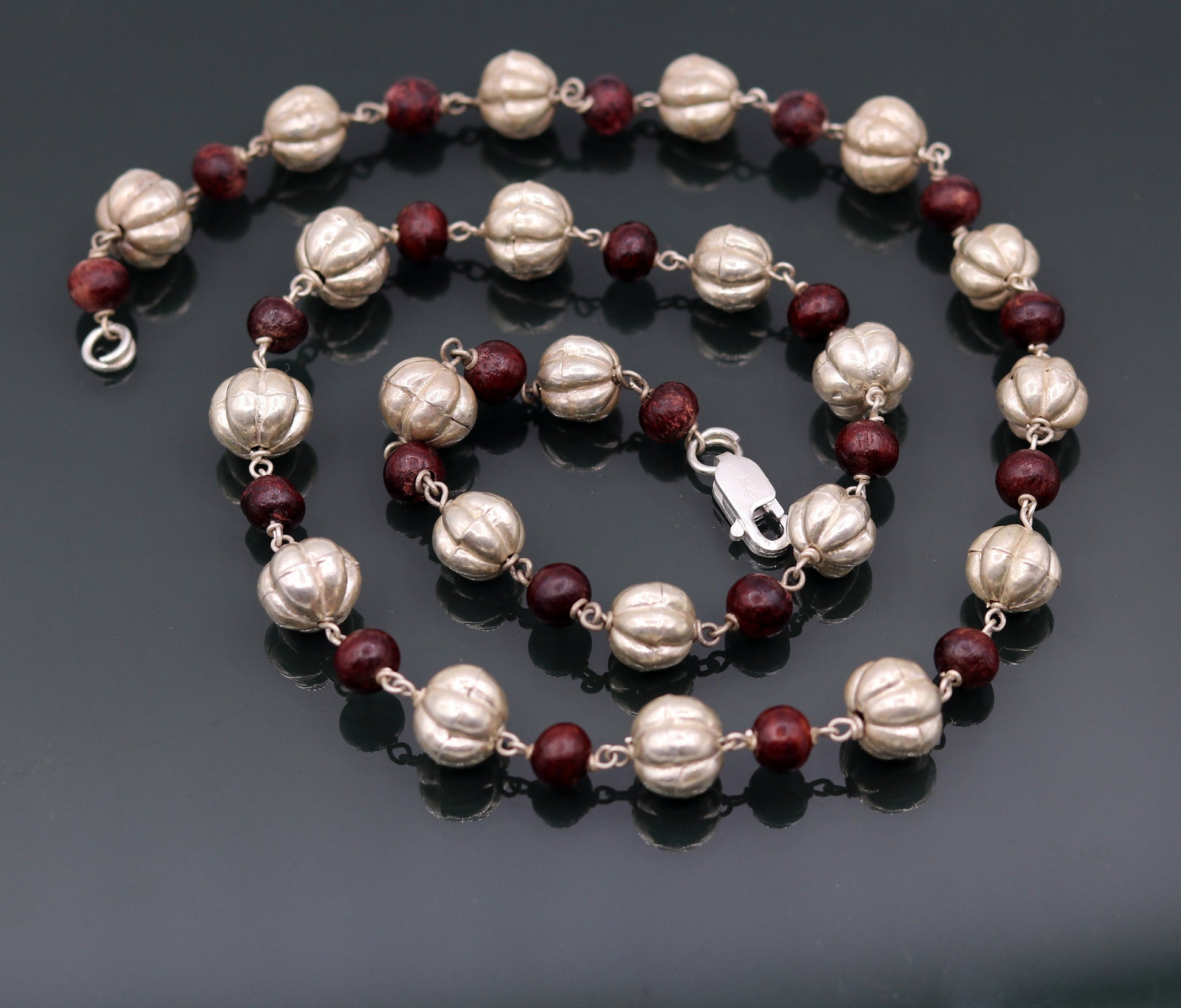 Sterling silver handmade vintage atique silver beads with sandal wood beads necklace chain tribal jewelry from rajathan india sch06 - TRIBAL ORNAMENTS