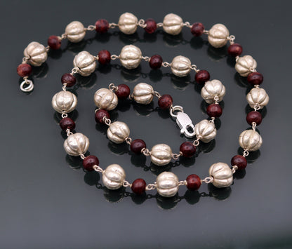 Sterling silver handmade vintage atique silver beads with sandal wood beads necklace chain tribal jewelry from rajathan india sch06 - TRIBAL ORNAMENTS