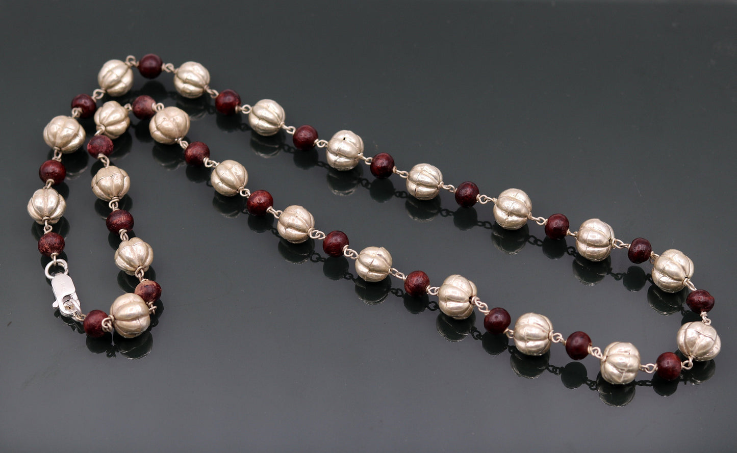 Sterling silver handmade vintage atique silver beads with sandal wood beads necklace chain tribal jewelry from rajathan india sch06 - TRIBAL ORNAMENTS