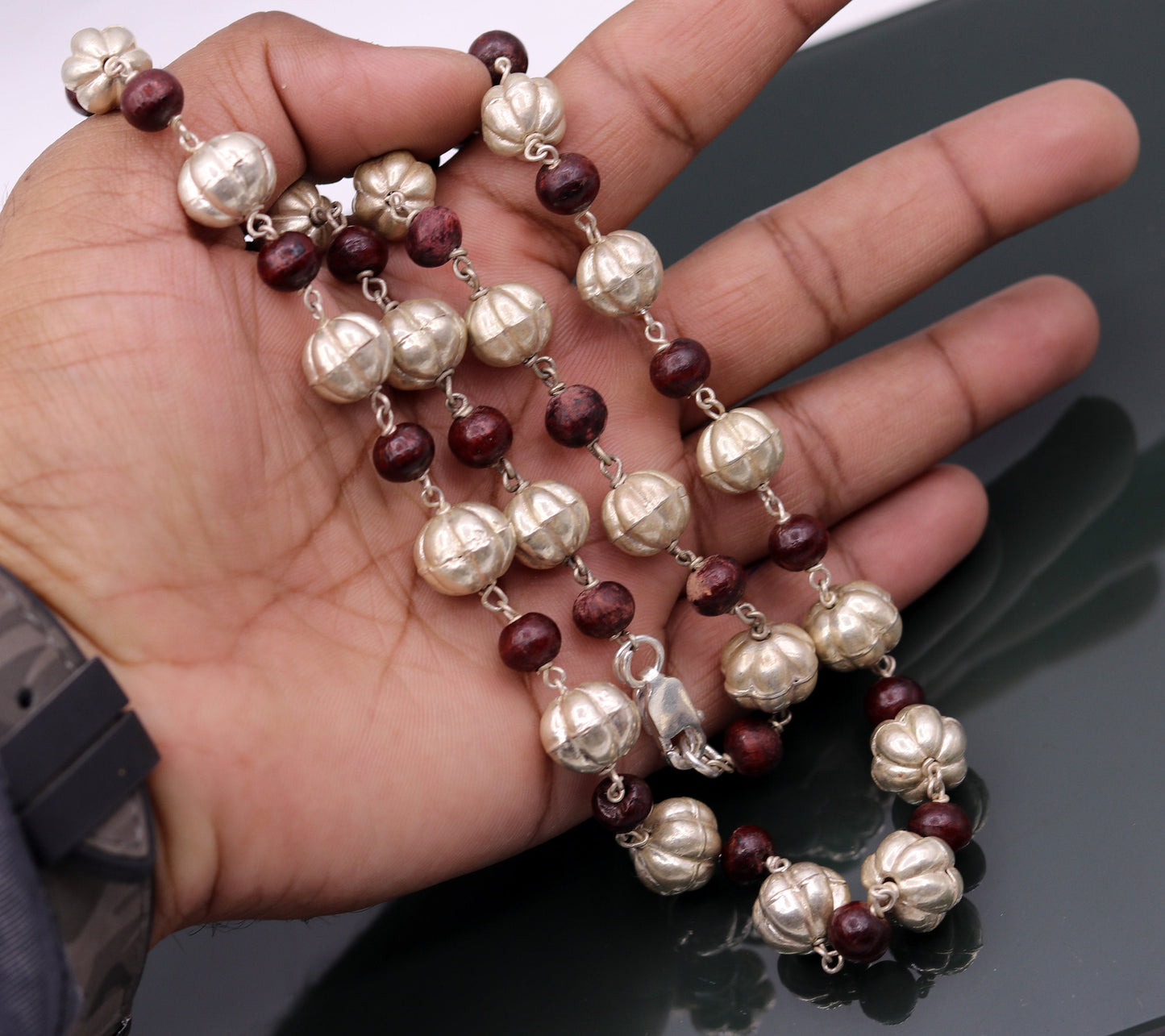 Sterling silver handmade vintage atique silver beads with sandal wood beads necklace chain tribal jewelry from rajathan india sch06 - TRIBAL ORNAMENTS