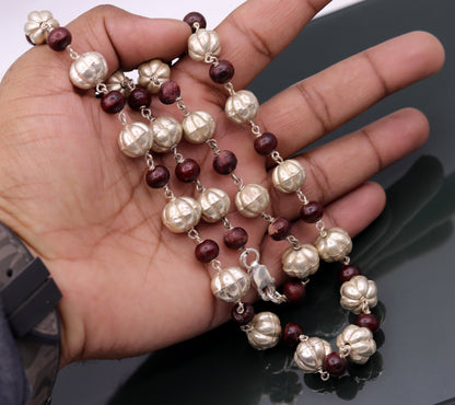 Sterling silver handmade vintage atique silver beads with sandal wood beads necklace chain tribal jewelry from rajathan india sch06 - TRIBAL ORNAMENTS