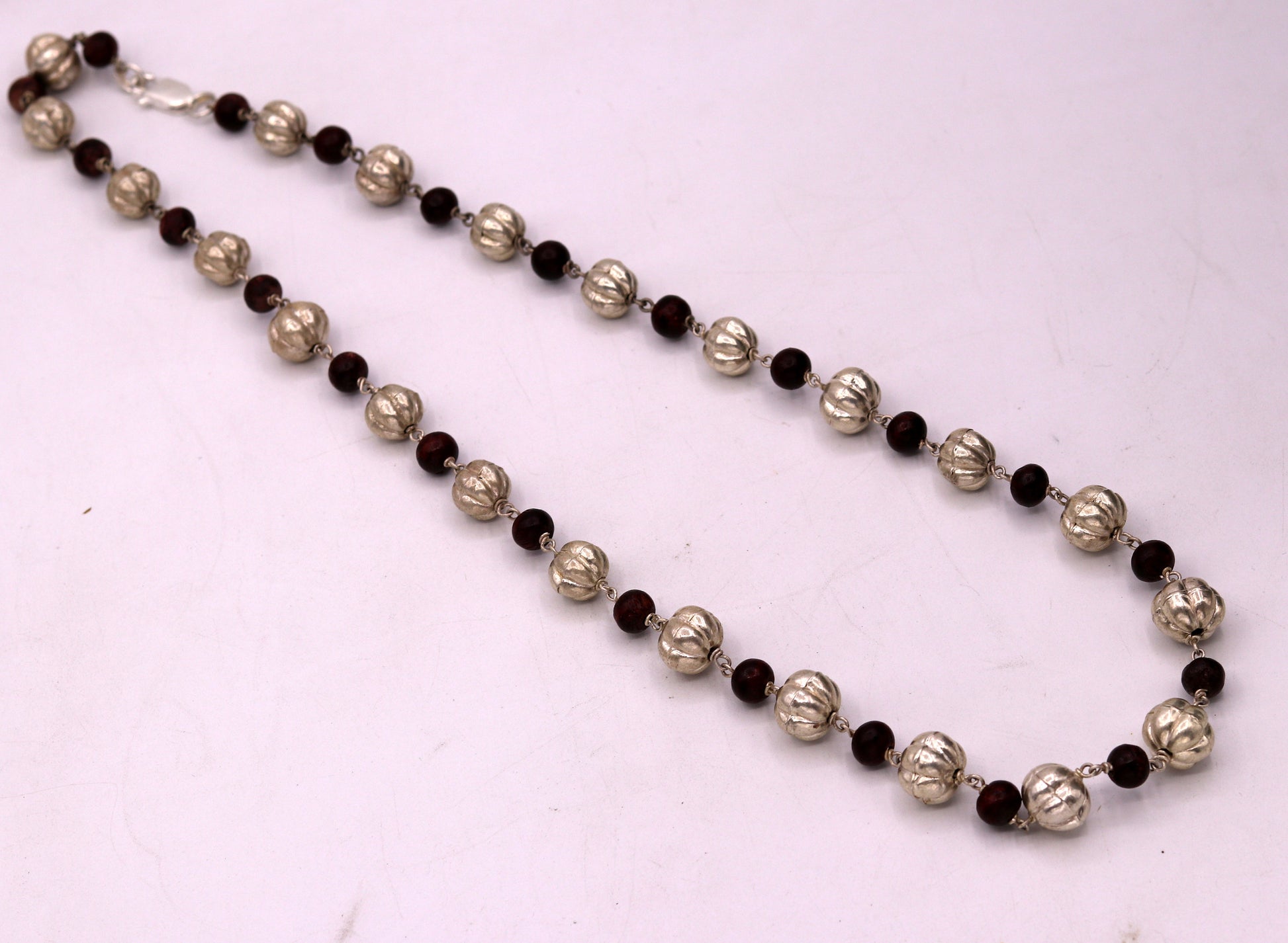 Sterling silver handmade vintage atique silver beads with sandal wood beads necklace chain tribal jewelry from rajathan india sch06 - TRIBAL ORNAMENTS