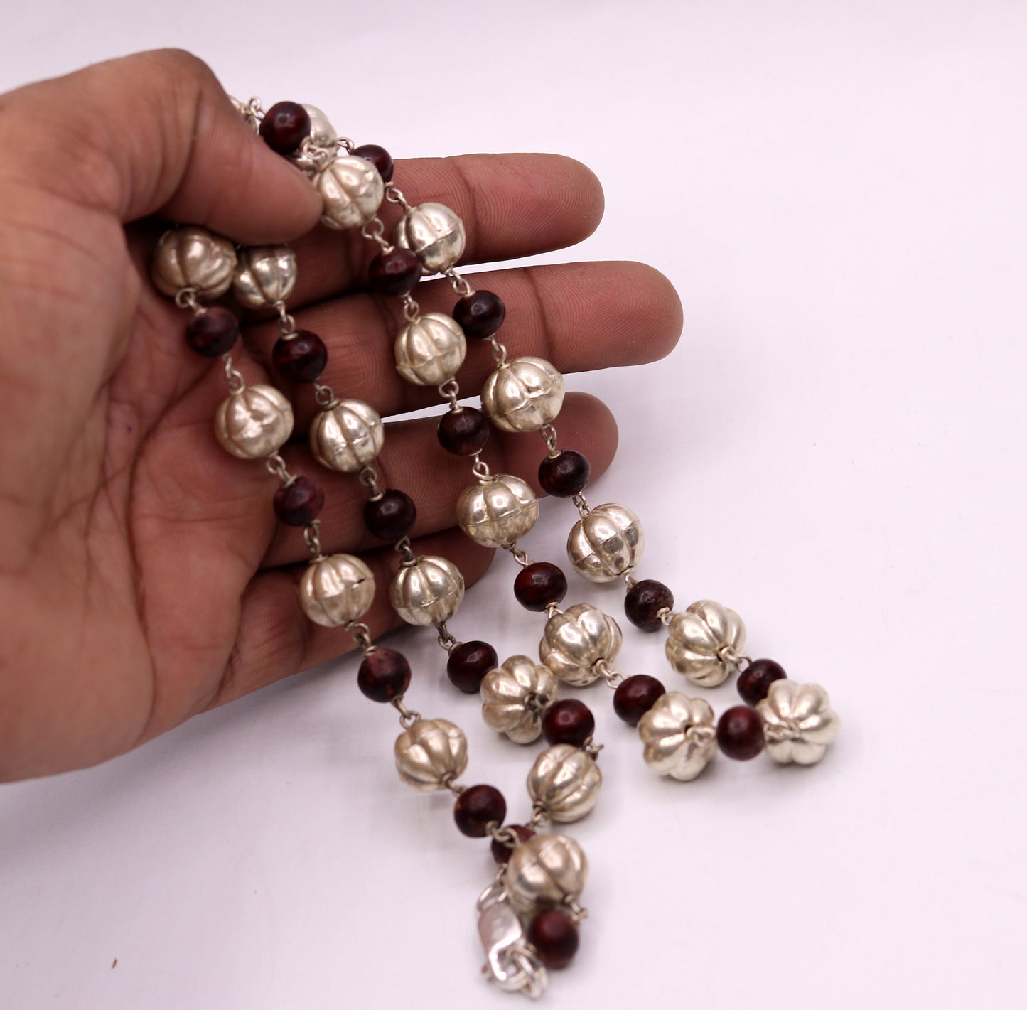 Sterling silver handmade vintage atique silver beads with sandal wood beads necklace chain tribal jewelry from rajathan india sch06 - TRIBAL ORNAMENTS