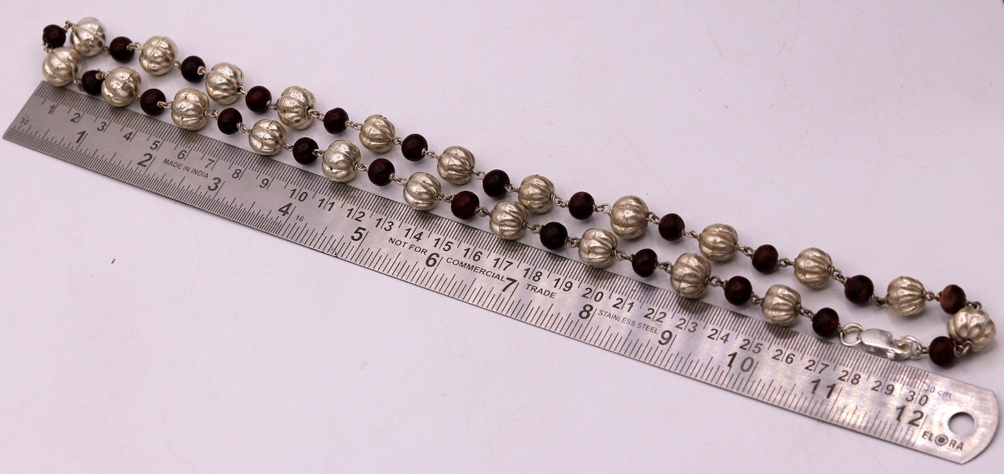 Sterling silver handmade vintage atique silver beads with sandal wood beads necklace chain tribal jewelry from rajathan india sch06 - TRIBAL ORNAMENTS