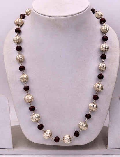 Sterling silver handmade vintage atique silver beads with sandal wood beads necklace chain tribal jewelry from rajathan india sch06 - TRIBAL ORNAMENTS