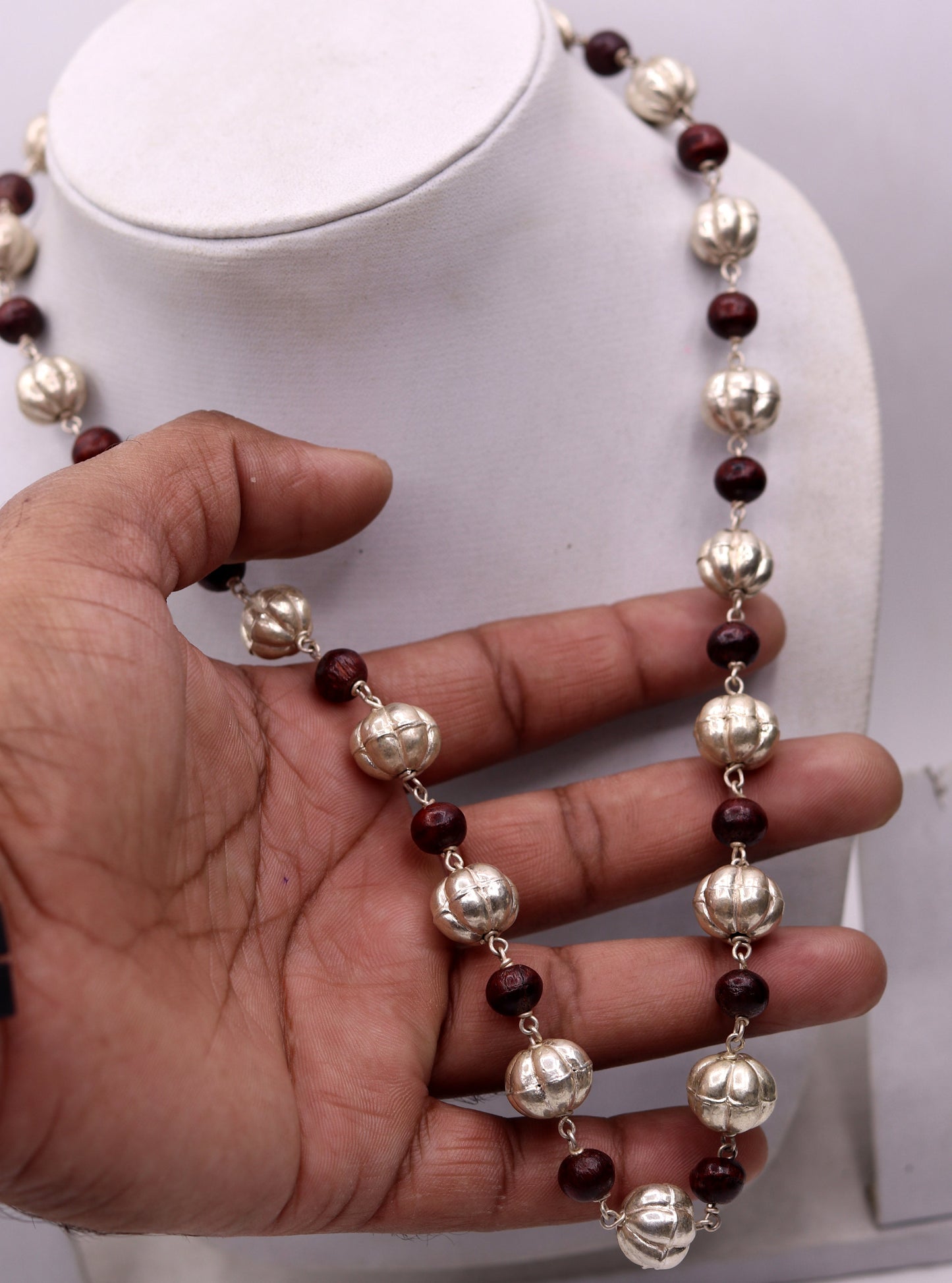 Sterling silver handmade vintage atique silver beads with sandal wood beads necklace chain tribal jewelry from rajathan india sch06 - TRIBAL ORNAMENTS