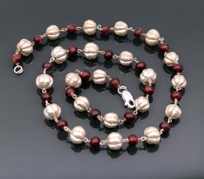 Sterling silver handmade vintage atique silver beads with sandal wood beads necklace chain tribal jewelry from rajathan india sch06 - TRIBAL ORNAMENTS