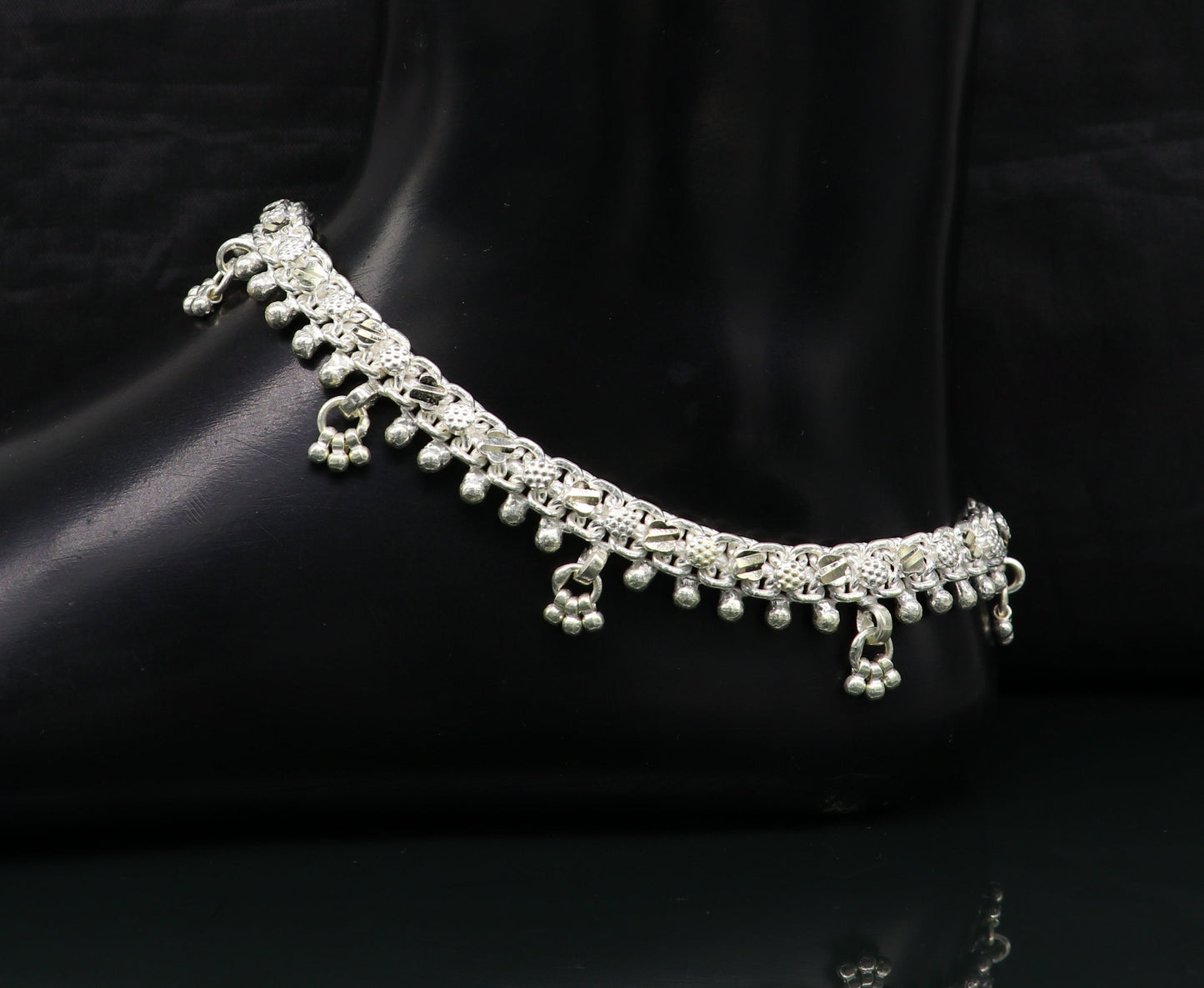 Sterling silver ankle bracelet with vintage tribal design, customized and solid, featuring authentic tribal jewelry craftsmanship.
