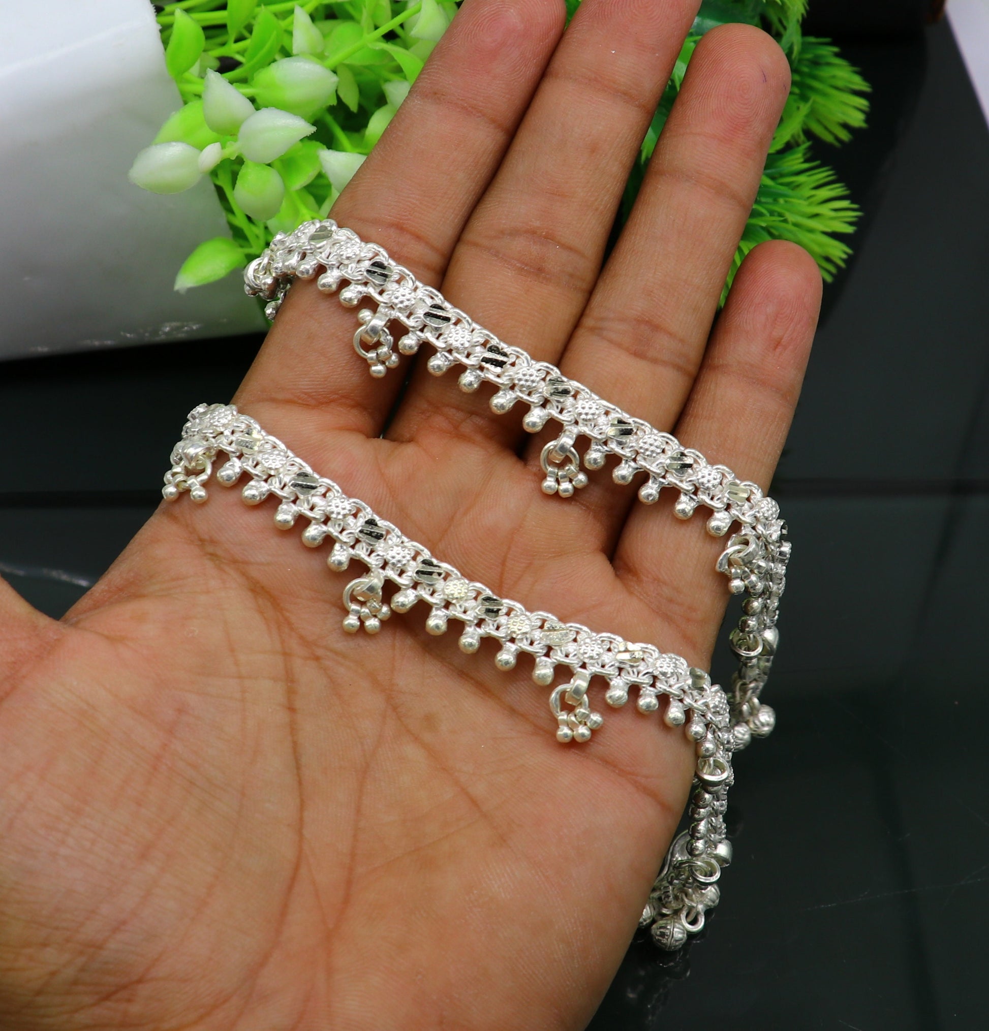 Sterling silver tribal ankle bracelet with vintage antique design, customized pattern, genuine jewelry for foot and ankle adornment.