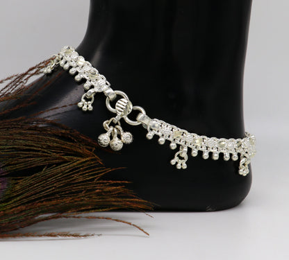 Sterling silver custom-designed tribal ankle bracelet with vintage antique and tribal belly jewelry style, genuine and elegant.