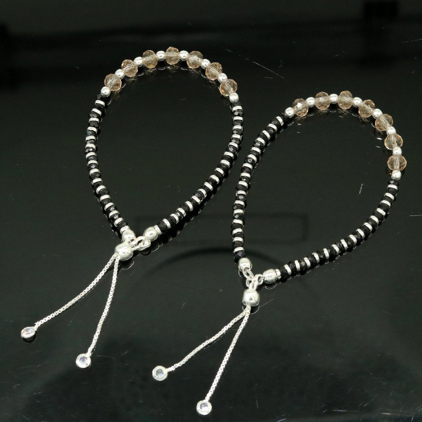 Stylish 925 sterling silver beaded with black onyx stone handmade charm adjustable bracelet 'Nazariya' charm jewelry for girls sbr180 - TRIBAL ORNAMENTS