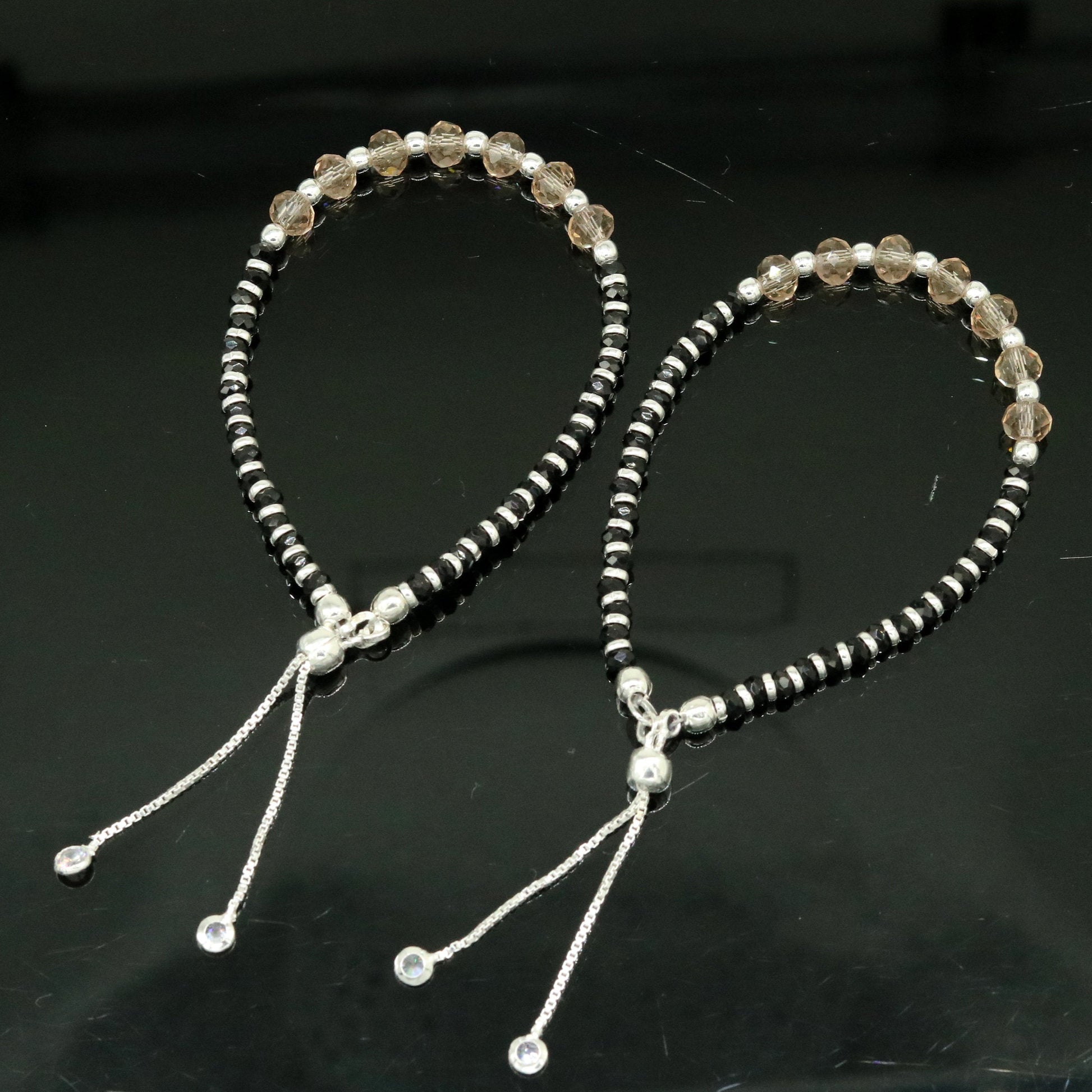 Stylish 925 sterling silver beaded with black onyx stone handmade charm adjustable bracelet 'Nazariya' charm jewelry for girls sbr180 - TRIBAL ORNAMENTS