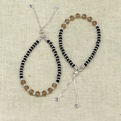 Stylish 925 sterling silver beaded with black onyx stone handmade charm adjustable bracelet 'Nazariya' charm jewelry for girls sbr180 - TRIBAL ORNAMENTS