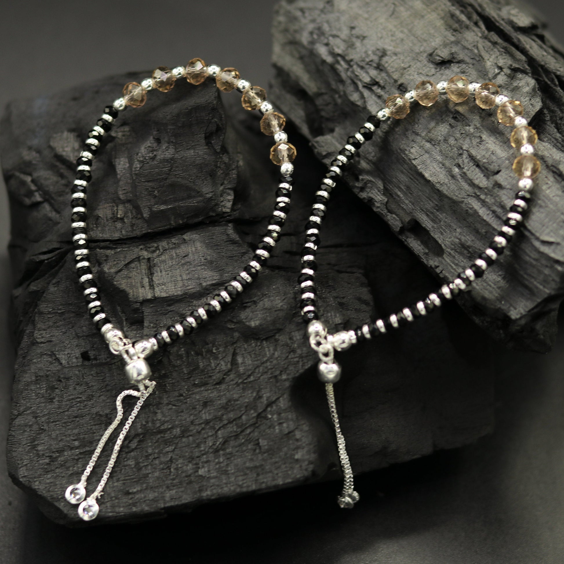 Stylish 925 sterling silver beaded with black onyx stone handmade charm adjustable bracelet 'Nazariya' charm jewelry for girls sbr180 - TRIBAL ORNAMENTS