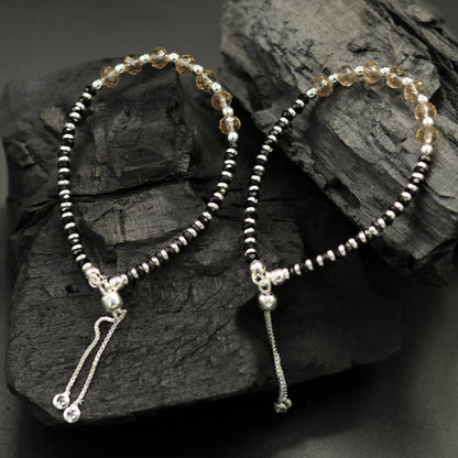 Stylish 925 sterling silver beaded with black onyx stone handmade charm adjustable bracelet 'Nazariya' charm jewelry for girls sbr180 - TRIBAL ORNAMENTS