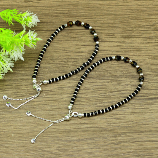 Stylish 925 sterling silver beaded with black onyx stone handmade charm adjustable bracelet 'Nazariya' charm jewelry for girls sbr182 - TRIBAL ORNAMENTS