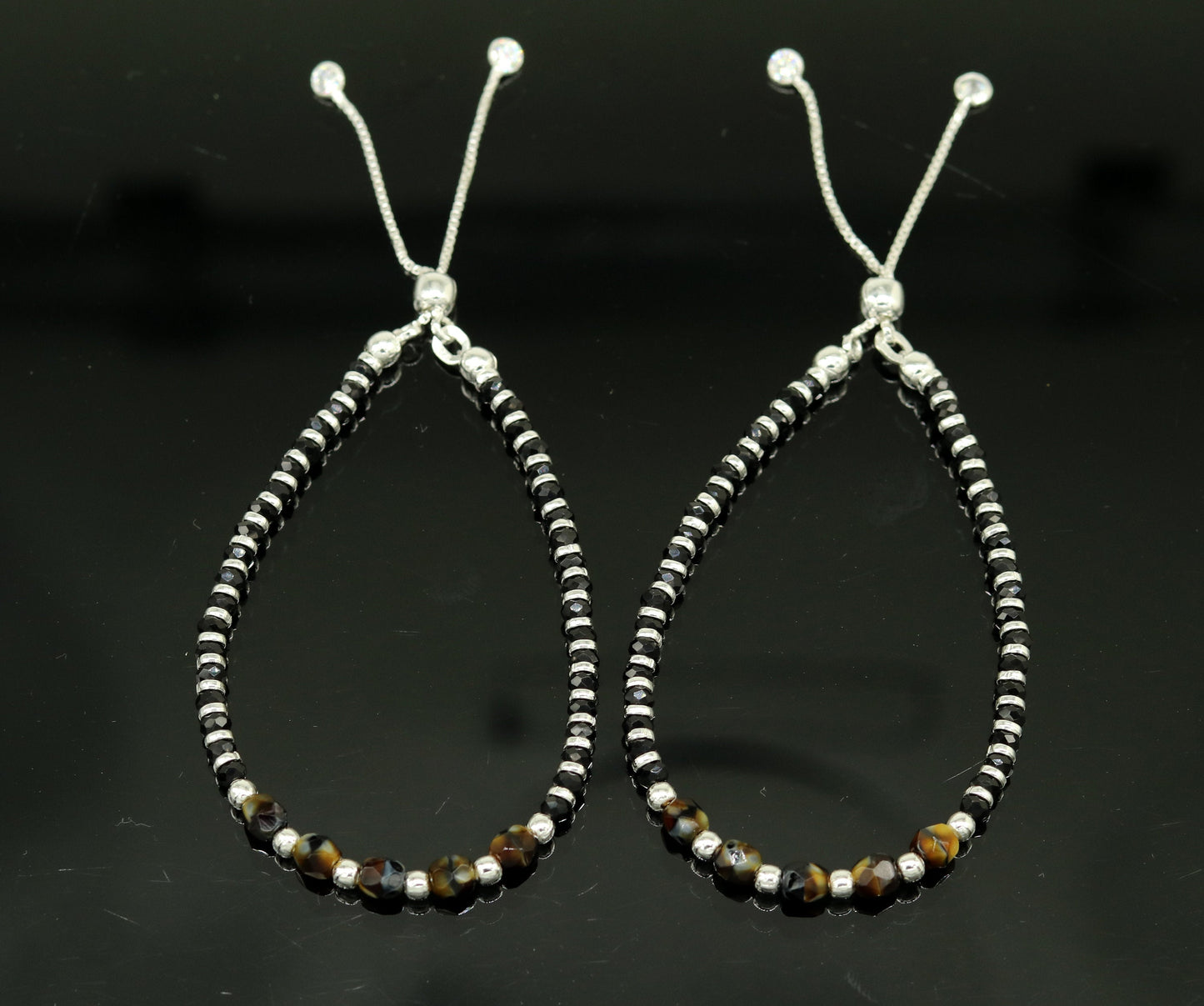 Stylish 925 sterling silver beaded with black onyx stone handmade charm adjustable bracelet 'Nazariya' charm jewelry for girls sbr182 - TRIBAL ORNAMENTS