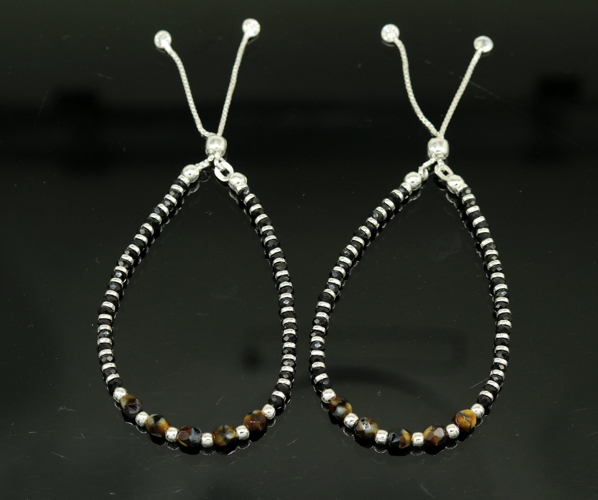 Stylish 925 sterling silver beaded with black onyx stone handmade charm adjustable bracelet 'Nazariya' charm jewelry for girls sbr182 - TRIBAL ORNAMENTS