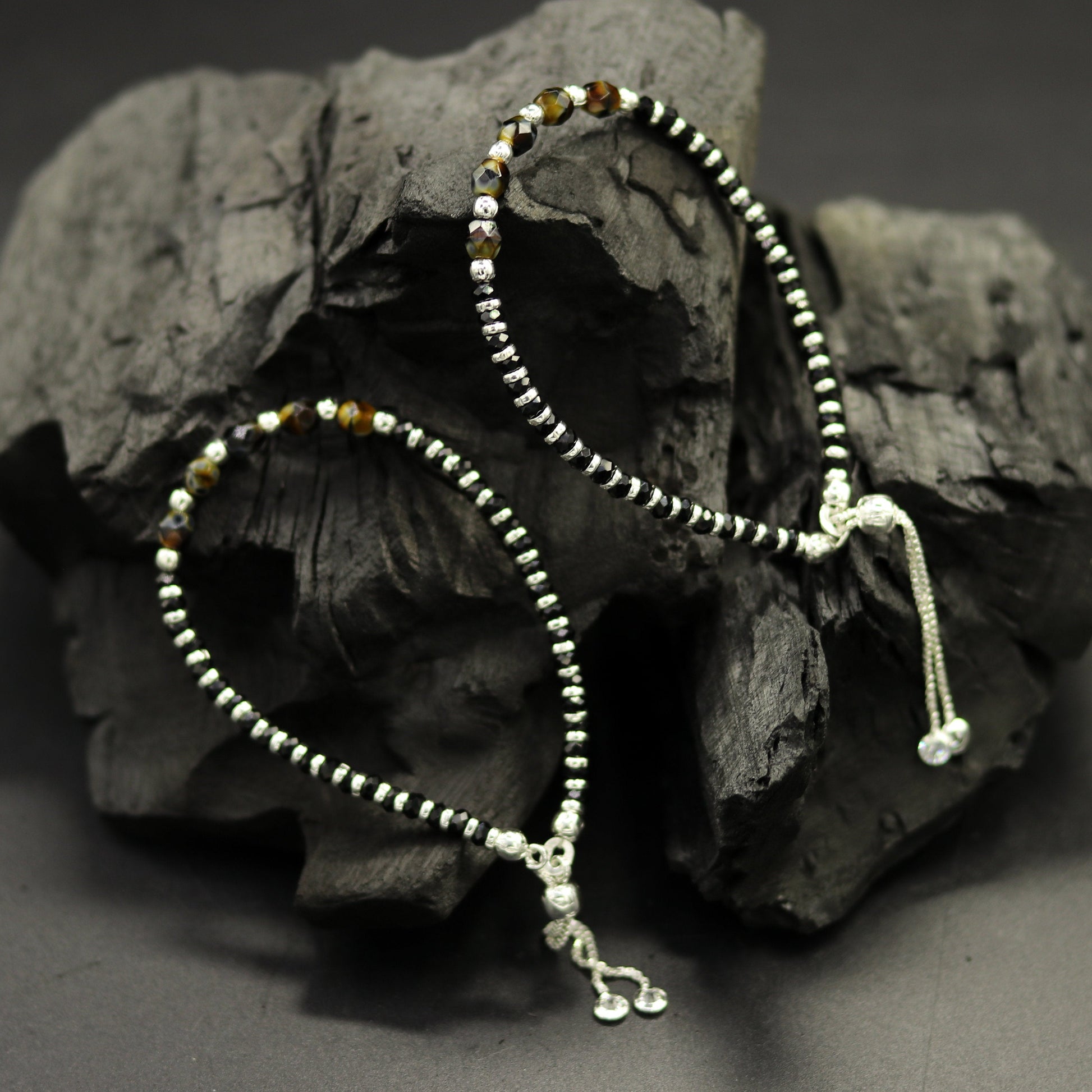 Stylish 925 sterling silver beaded with black onyx stone handmade charm adjustable bracelet 'Nazariya' charm jewelry for girls sbr182 - TRIBAL ORNAMENTS