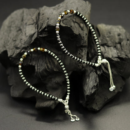 925 sterling silver beaded bracelet with black onyx stone and Nazariya charm, adjustable jewelry for girls by Tribal Ornaments