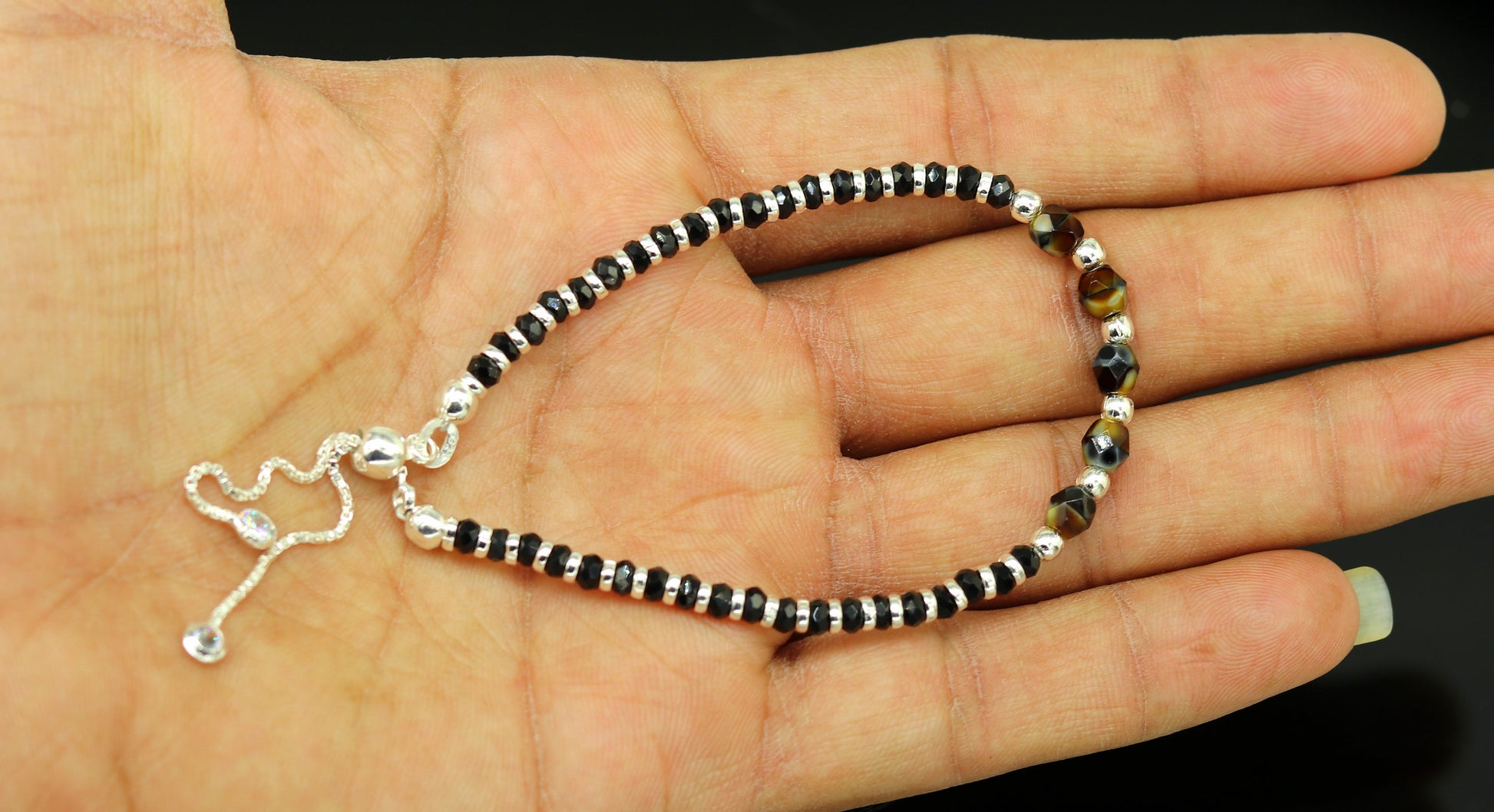 Stylish 925 sterling silver beaded with black onyx stone handmade charm adjustable bracelet 'Nazariya' charm jewelry for girls sbr182 - TRIBAL ORNAMENTS