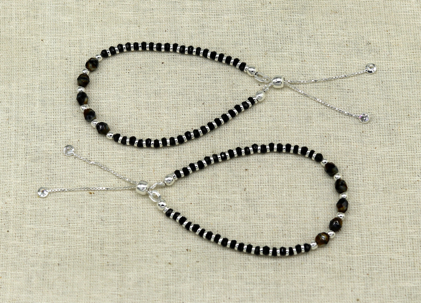 Stylish 925 sterling silver beaded with black onyx stone handmade charm adjustable bracelet 'Nazariya' charm jewelry for girls sbr182 - TRIBAL ORNAMENTS