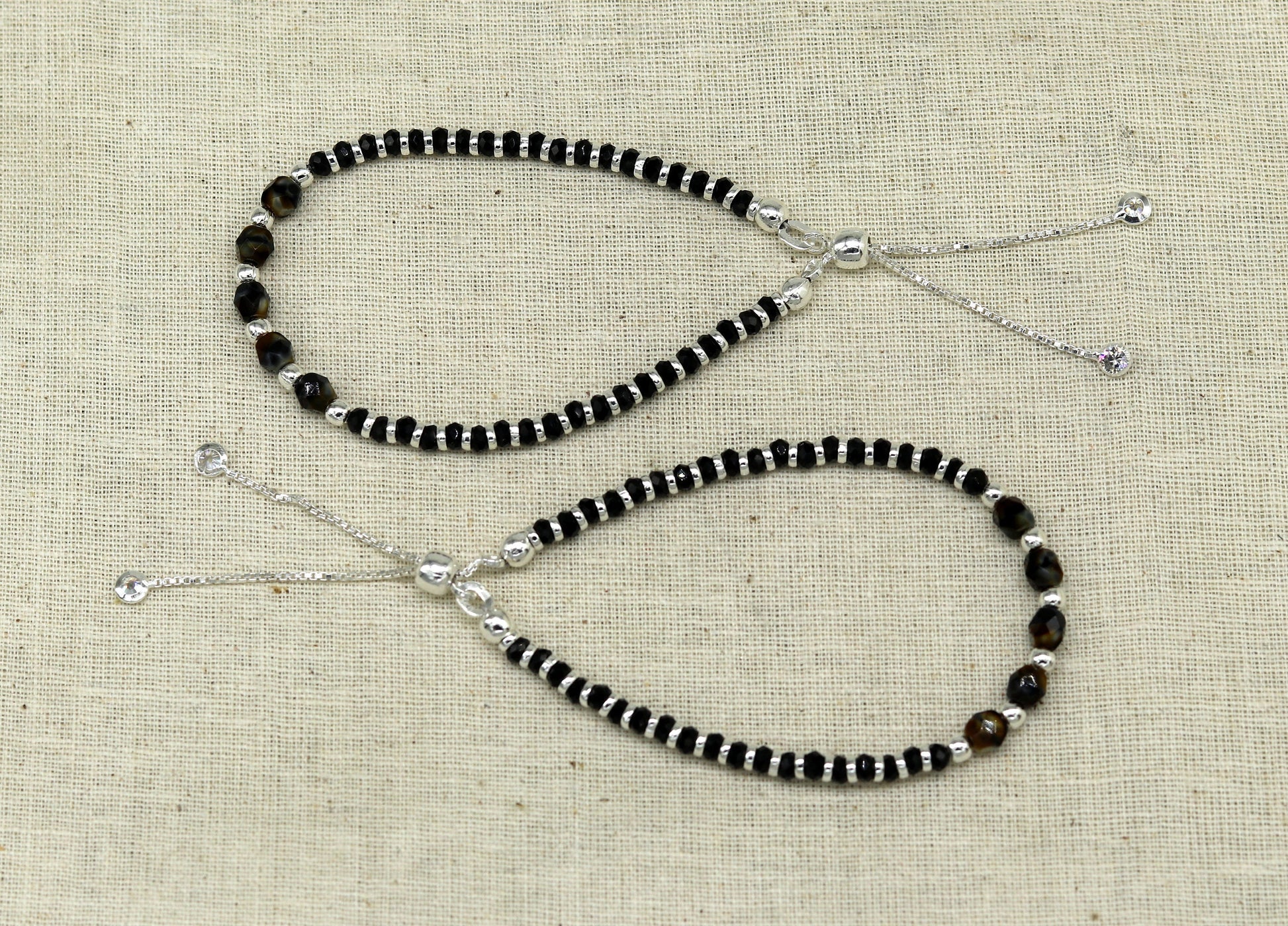 Stylish 925 sterling silver beaded with black onyx stone handmade charm adjustable bracelet 'Nazariya' charm jewelry for girls sbr182 - TRIBAL ORNAMENTS