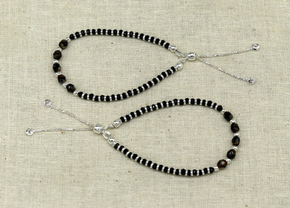 Sterling silver beaded bracelet with black onyx stone and Nazariya charm, adjustable jewelry for girls by Tribal Ornaments