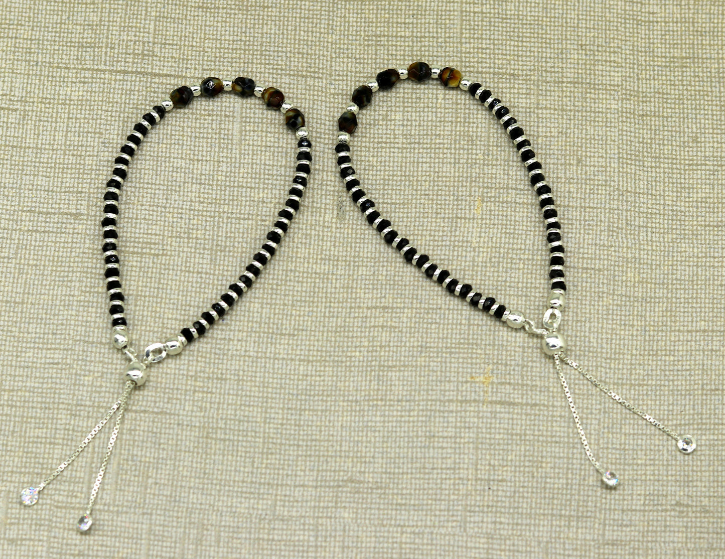 Stylish 925 sterling silver beaded with black onyx stone handmade charm adjustable bracelet 'Nazariya' charm jewelry for girls sbr182 - TRIBAL ORNAMENTS