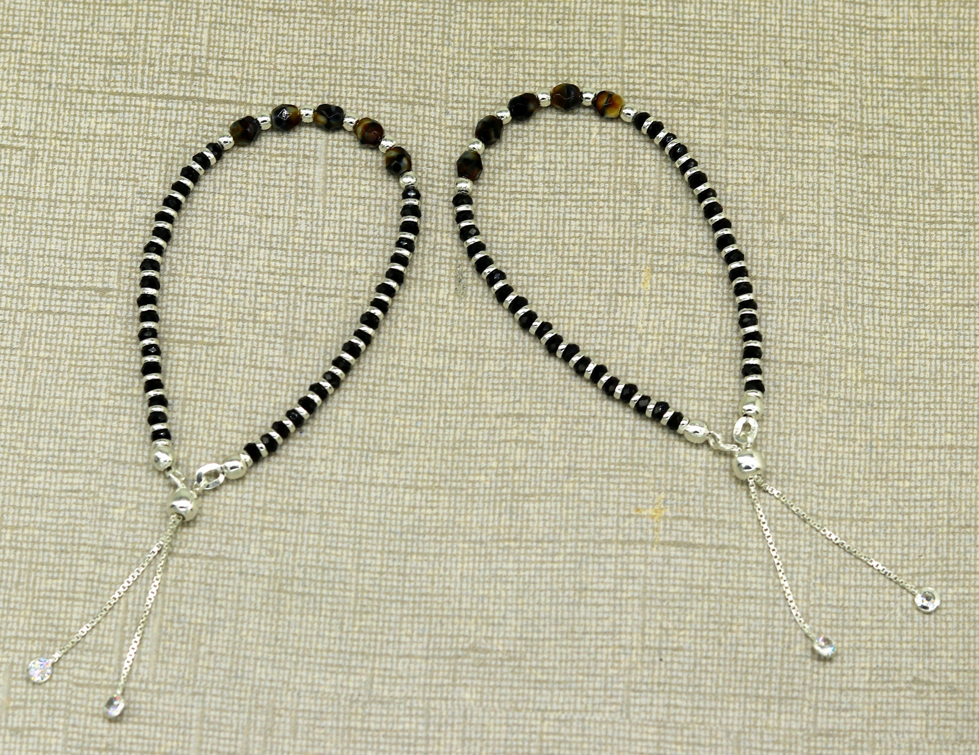 Stylish 925 sterling silver beaded with black onyx stone handmade charm adjustable bracelet 'Nazariya' charm jewelry for girls sbr182 - TRIBAL ORNAMENTS