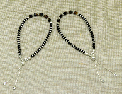 Sterling silver beaded bracelet with black onyx stone and Nazariya charm, adjustable jewelry for girls by TRIBAL ORNAMENTS