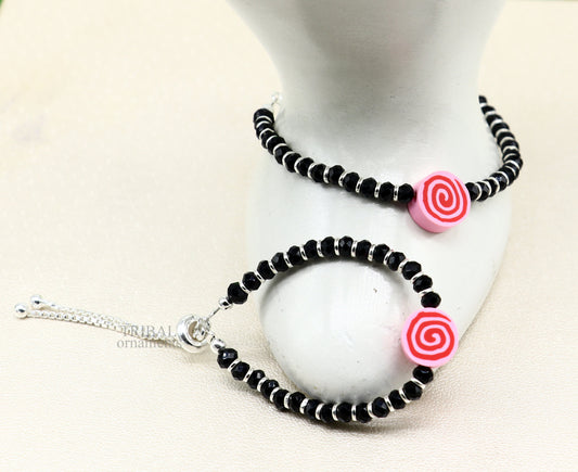 Stylish baby black beaded bangle bracelet or ankle bracelet 925 sterling silver handmade customized kids jewelry form india bbr41 - TRIBAL ORNAMENTS