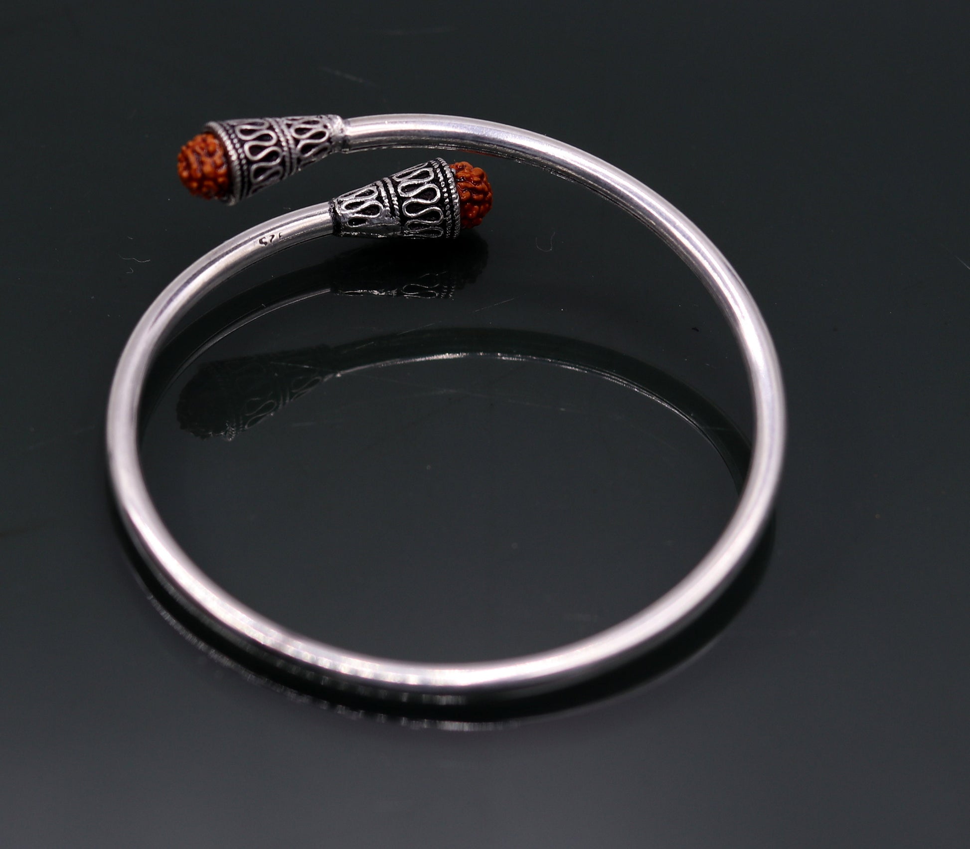 Stylish design handmade 925 sterling silver Rudraksha beads flexible bangle bracelet kada unisex adjustable jewelry from india nsk151 - TRIBAL ORNAMENTS