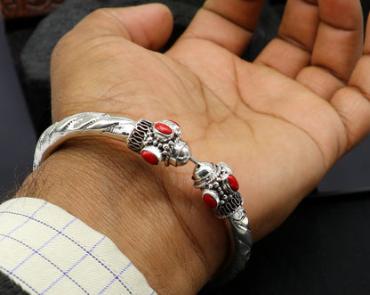 Stylish customized 925 sterling silver men's and women's bangle cuff bracelet with intricate tribal design, jewelry by TRIBAL ORNAMENTS.