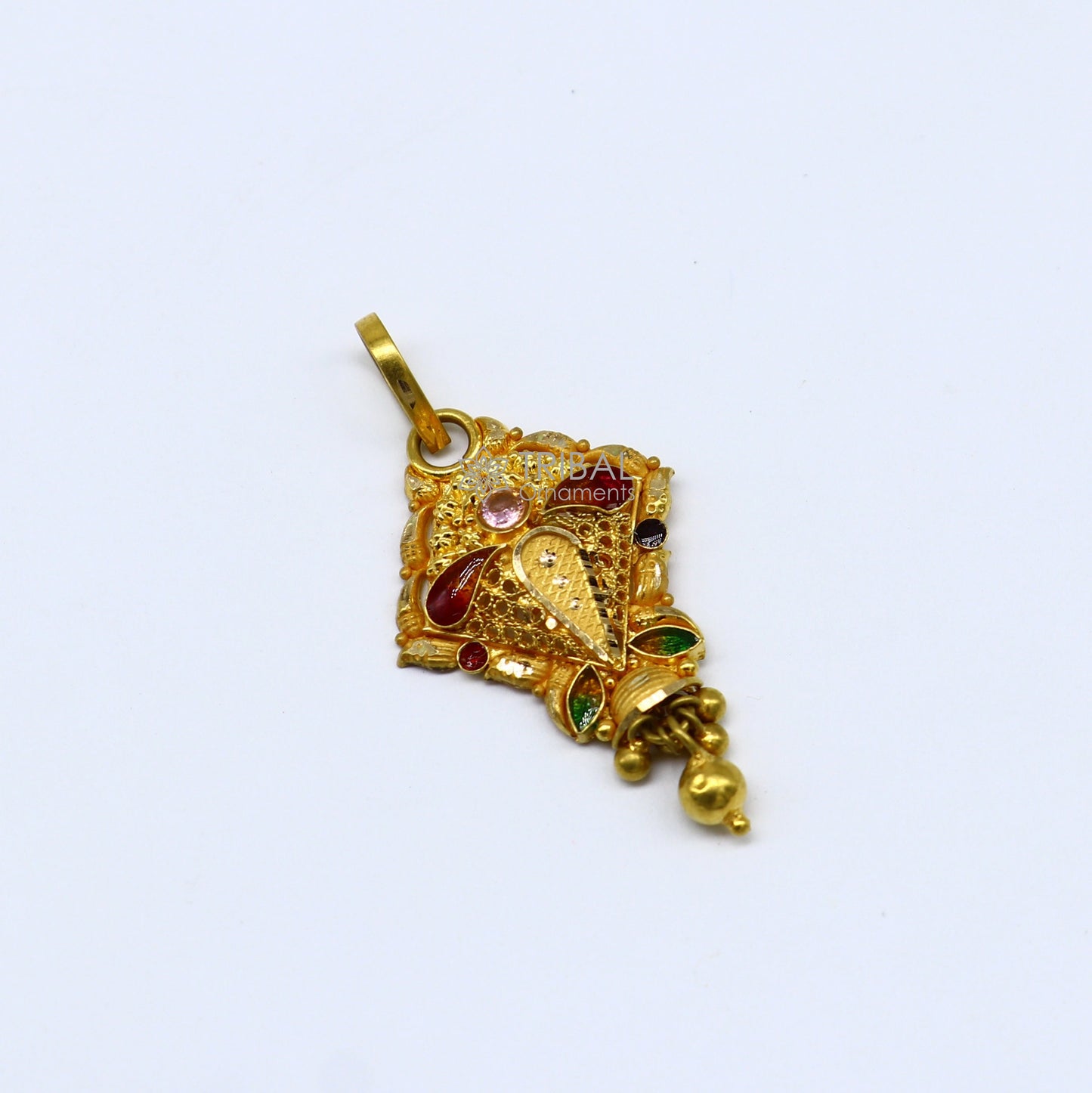 Traditional 22kt yellow gold filigree pendant with intricate ethnic design, ideal for bridal jewelry, by TRIBAL ORNAMENTS.
