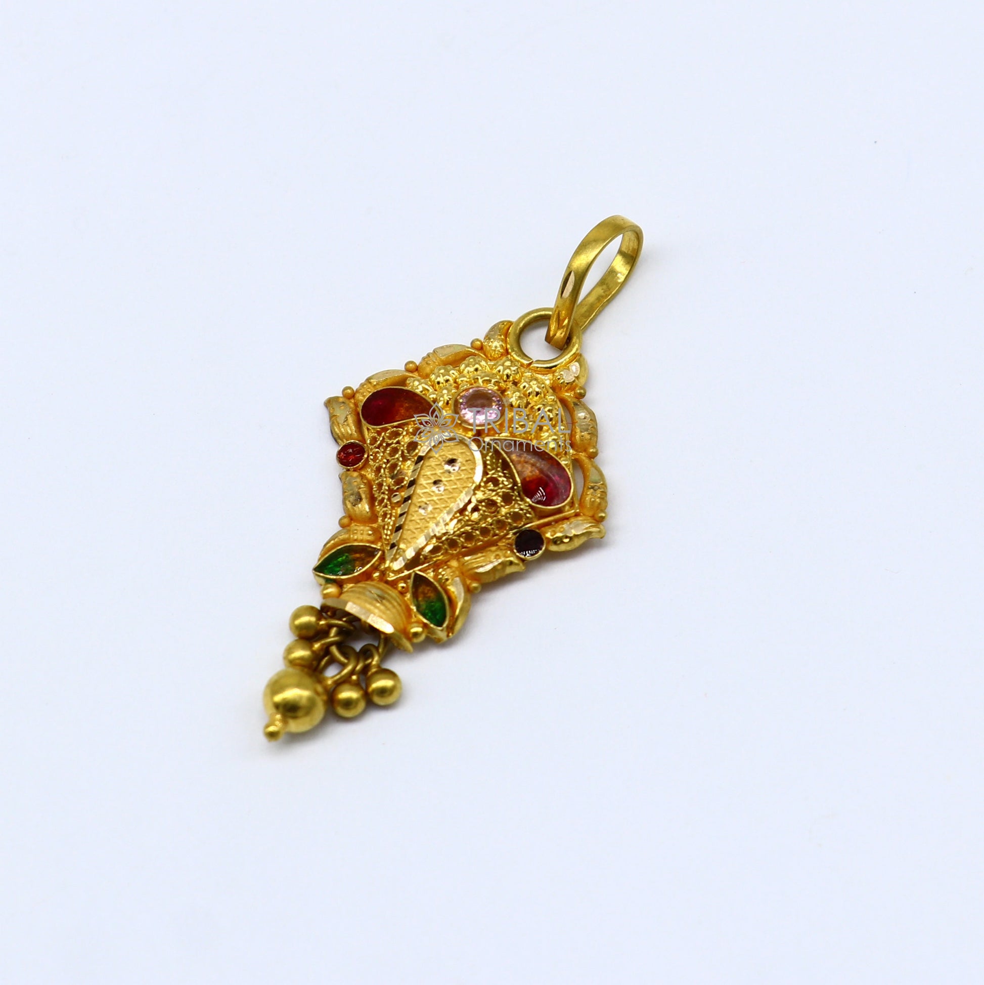 Traditional 22KT yellow gold filigree work pendant, ethnic bridal jewelry, intricate tribal design, suitable for special occasions.