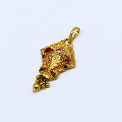 Traditional 22KT yellow gold filigree work pendant, ethnic bridal jewelry, intricate tribal design, suitable for special occasions.
