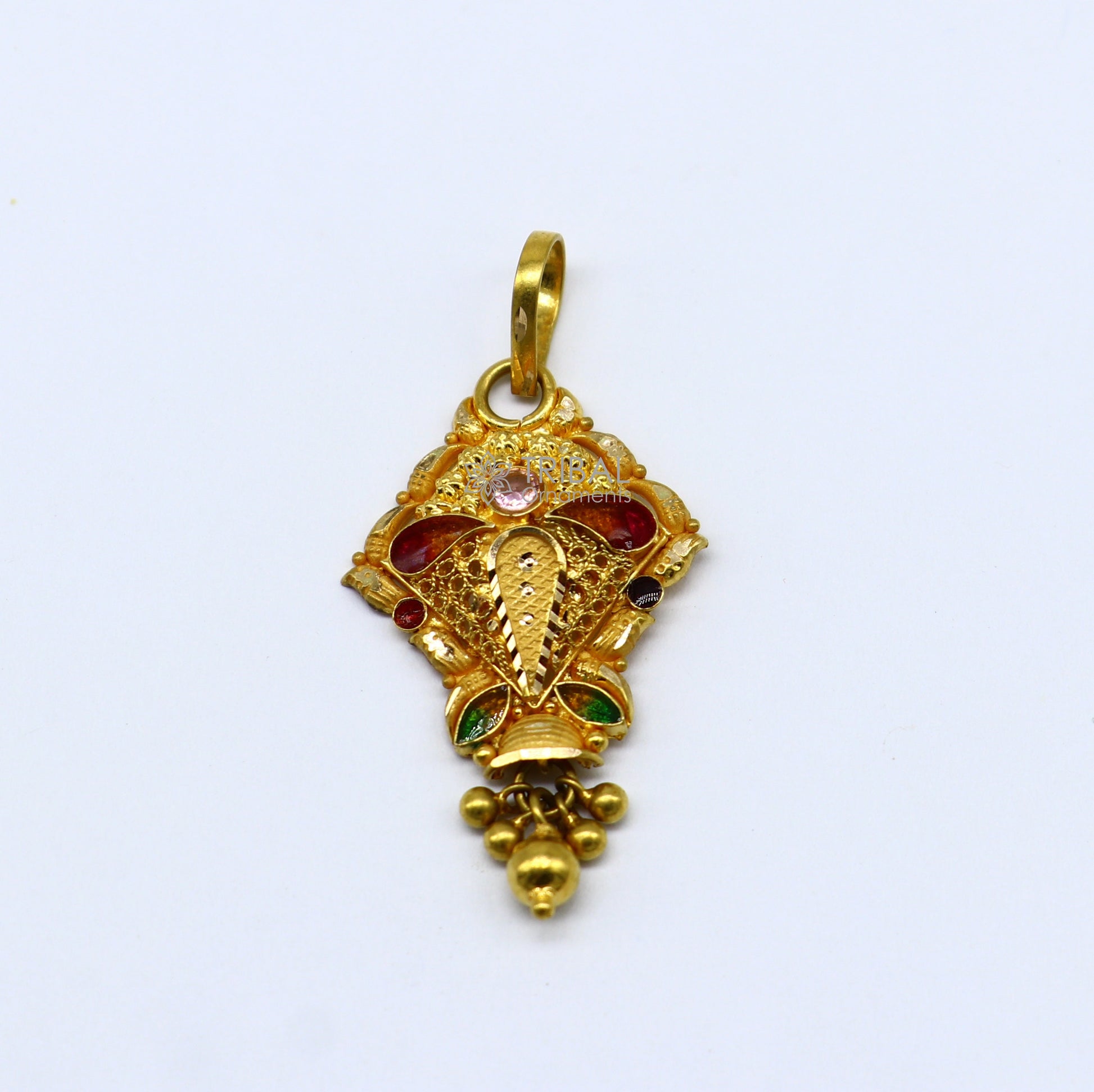 Traditional 22KT yellow gold filigree work pendant from TRIBAL ORNAMENTS, featuring intricate ethnic bridal jewelry design.