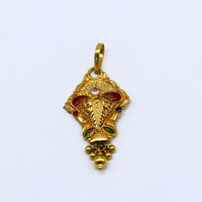 Traditional 22KT yellow gold filigree work pendant from TRIBAL ORNAMENTS, featuring intricate ethnic bridal jewelry design.