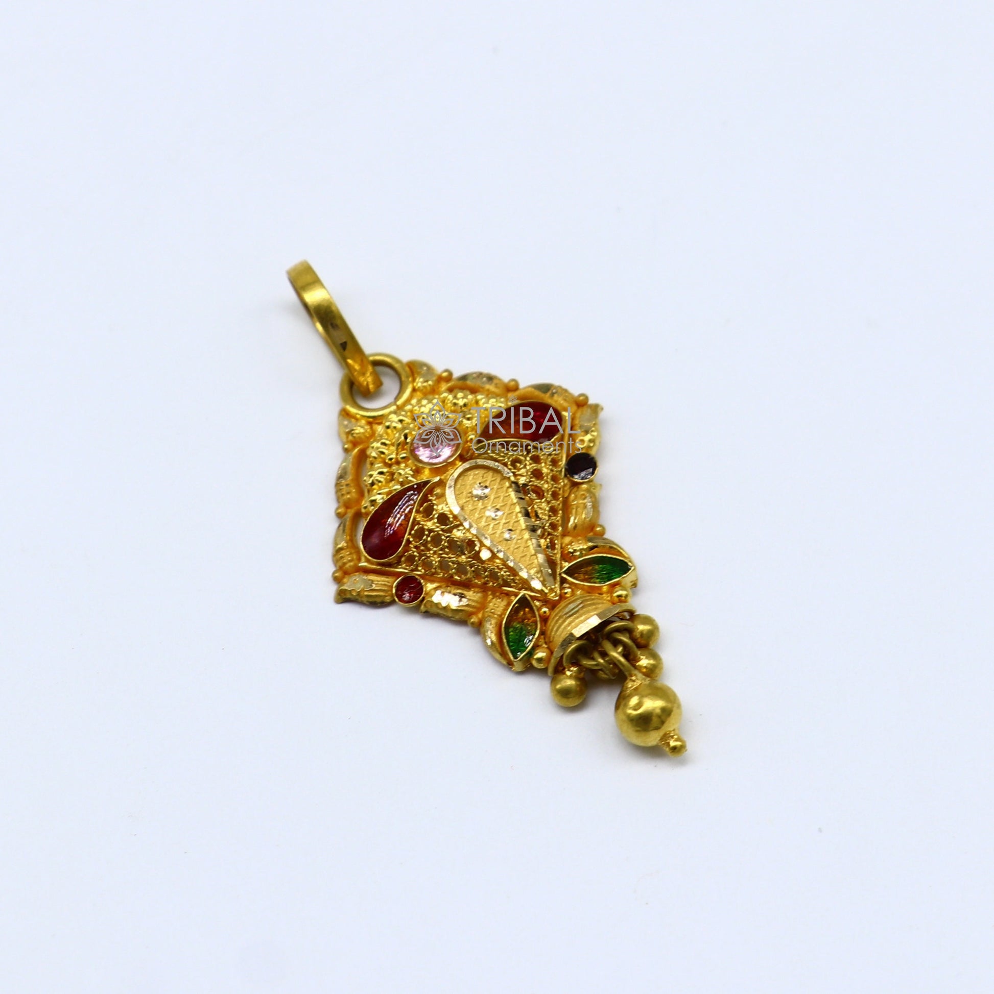 Traditional 22KT yellow gold filigree work pendant, ethnic bridal jewelry by TRIBAL ORNAMENTS, featuring intricate craftsmanship.