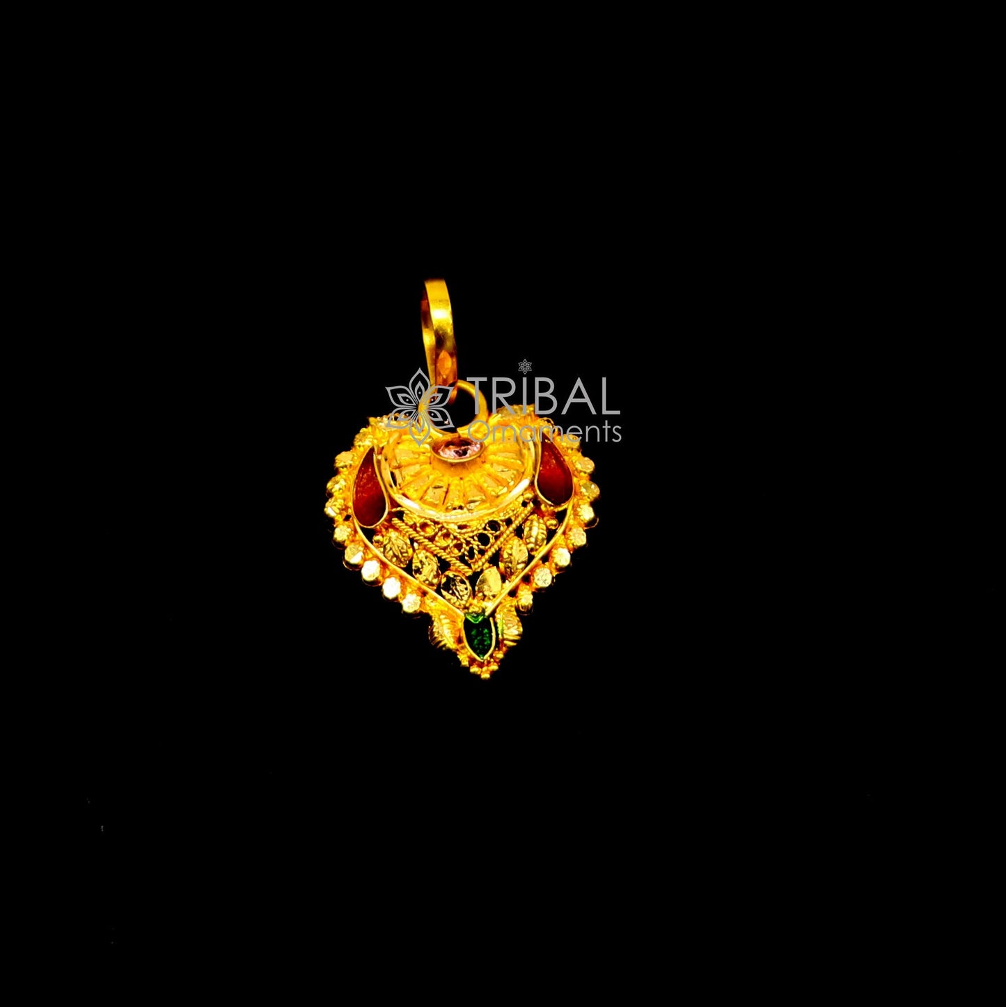 Traditional 22KT yellow gold filigree ethnic pendant by TRIBAL ORNAMENTS, featuring intricate design for bridal jewelry.